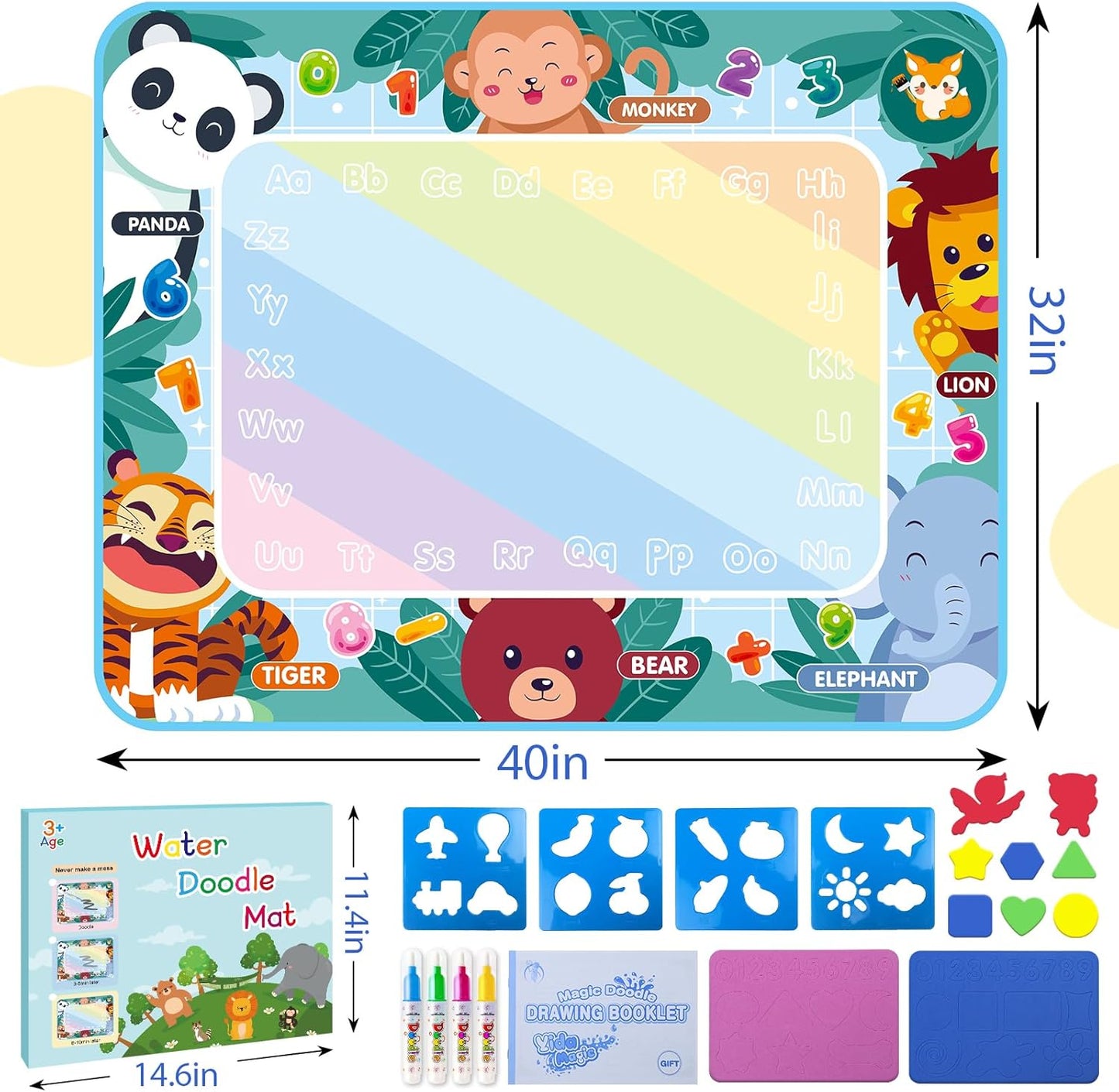 Water Doodle Mat 40 X 32 Inch Kids Water Painting Doodle Drawing Mat Toy Writing Mess Free Coloring Extra Large Magic Educational Toys for Boys Girls Age 4 5 6 7 8 Year Old Christmas Birthday Present